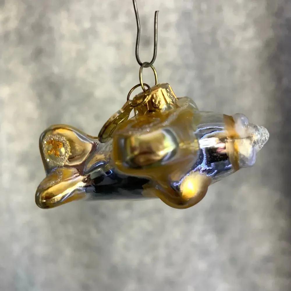 Vintage Dept. 56 Glass Ornament, Tiny Airplane in Gold and Silver, Glitter Shine